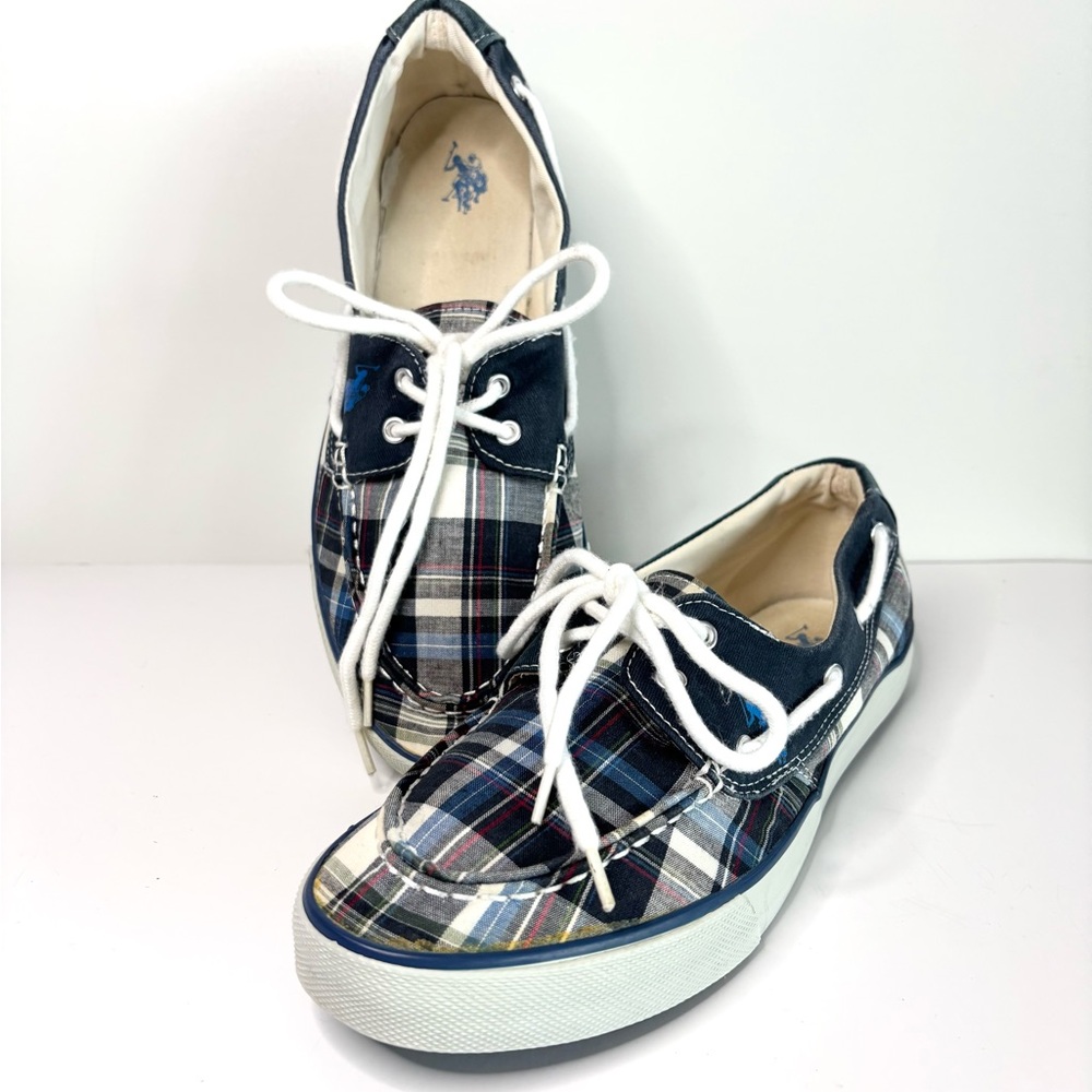 Polo by Ralph Lauren Plaid Canvas Boat Shoes in Navy, White
